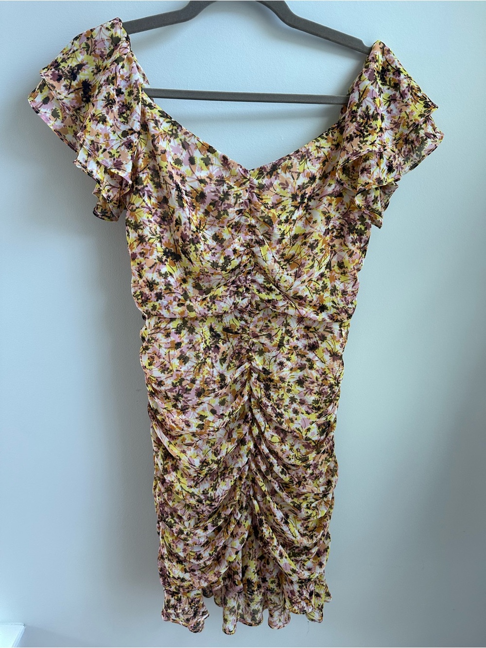 Astr Floral Ruched Mini Dress in Pink, Yellow & Brown